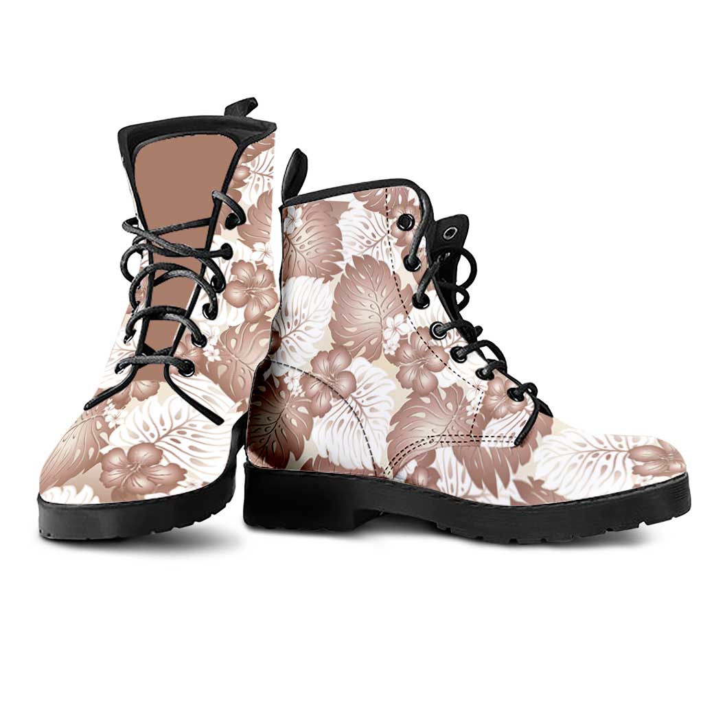 Mocha Mousse Aloha Hawaii Leather Boots Monstera Hibiscus Plumeria Seamless Vibes - Polynesian Pride