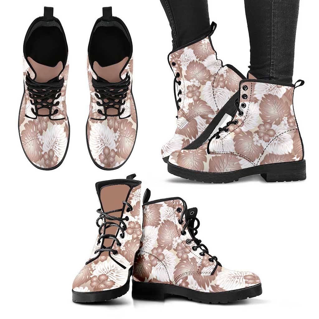 Mocha Mousse Aloha Hawaii Leather Boots Monstera Hibiscus Plumeria Seamless Vibes - Polynesian Pride