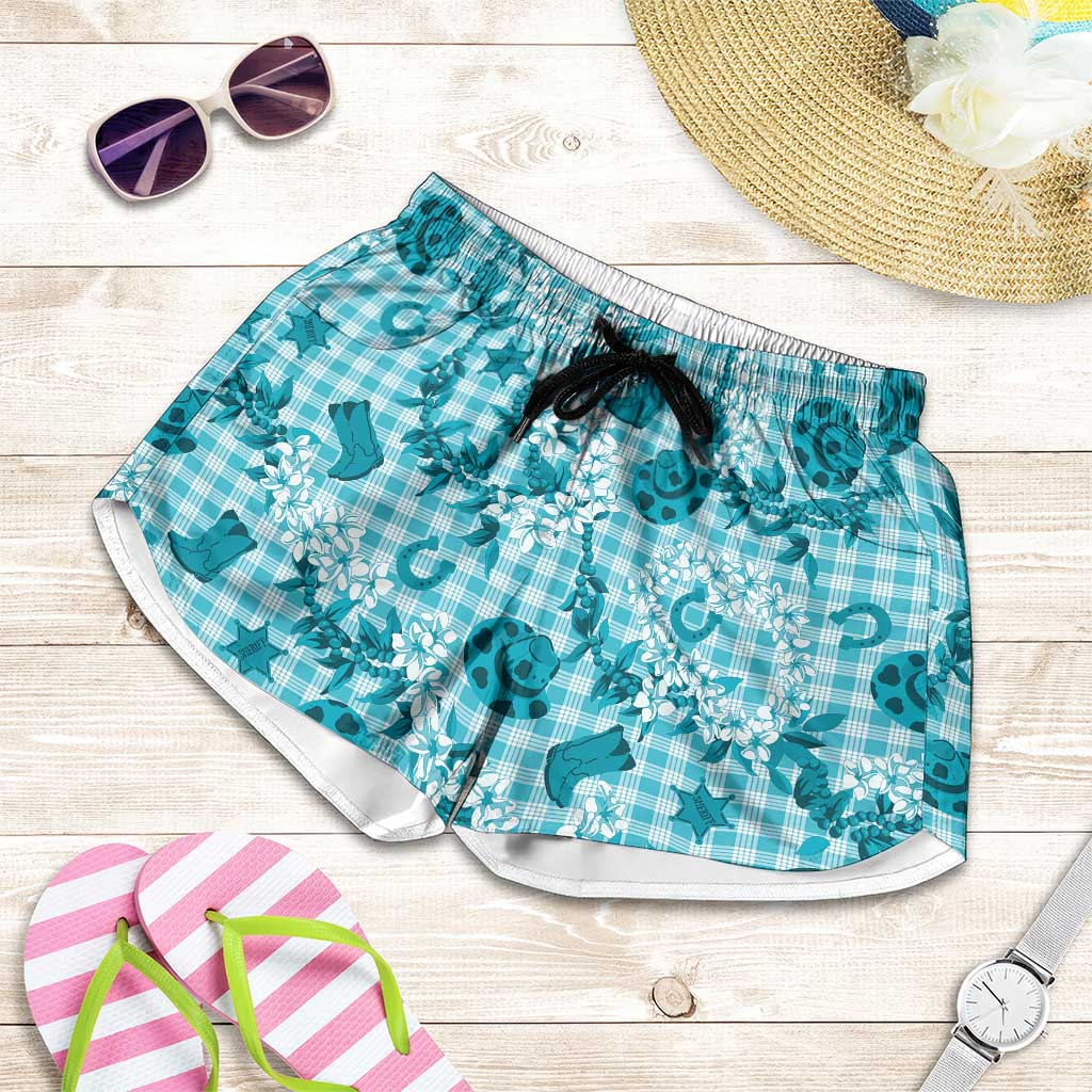 Mokihana Maile Ilima Leis Paniolo Palaka Shorts for Women Hawaiian Polu Opa Spirit LT9 Turquoise - Polynesian Pride