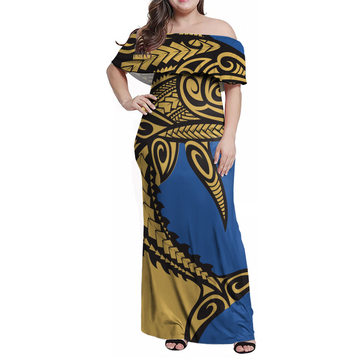 Polynesian Family Matching Outfit Samoan Shark Polynesian Tribal Off Shoulder Long Sleeve Dress And Shirt Family Set Mom's Dress - Polynesian Pride