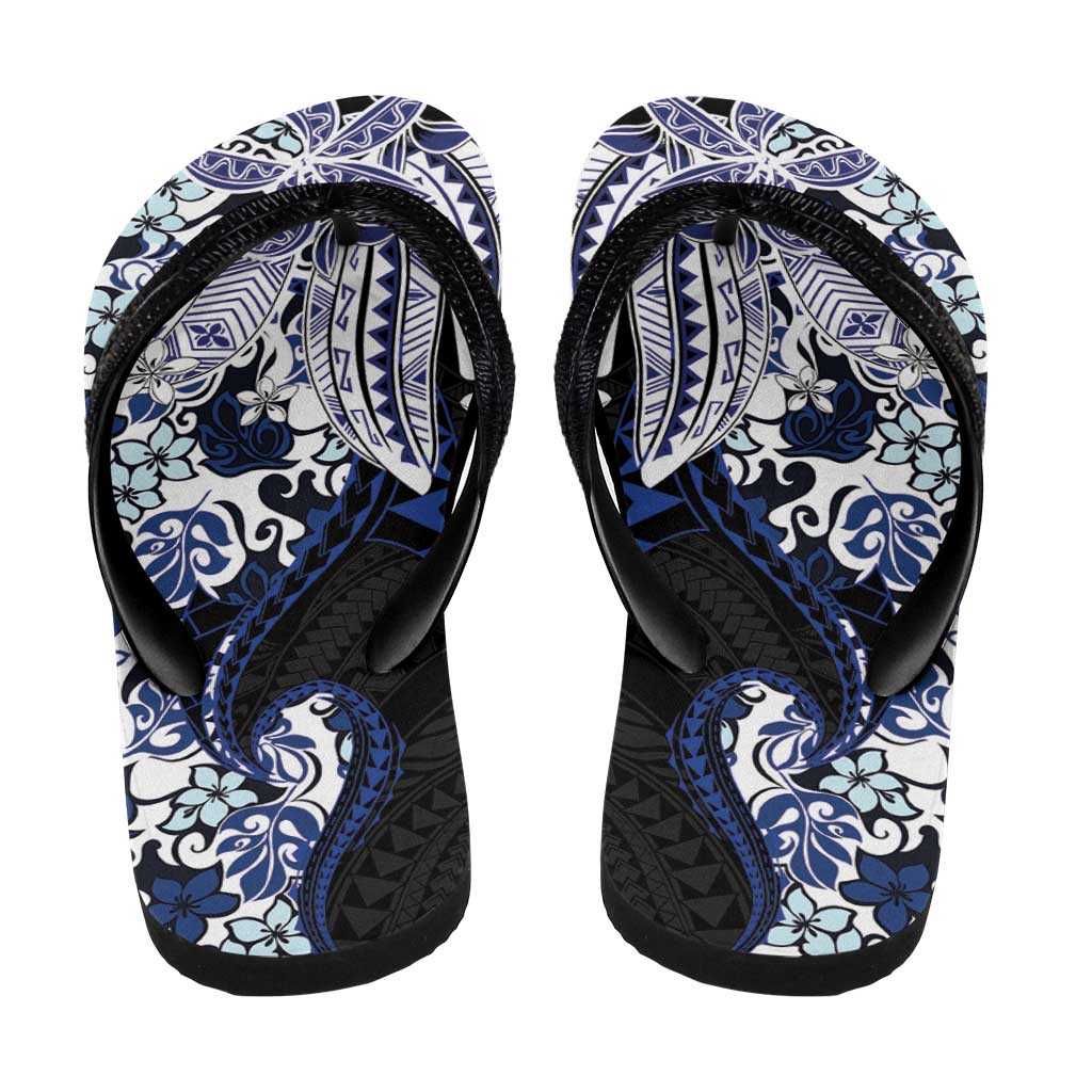 Monstera Plumeria Flowers Blue Flip Flops Polynesian Pattern