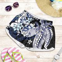 Monstera Plumeria Flowers Blue Shorts for Women Polynesian Pattern