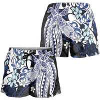Monstera Plumeria Flowers Blue Shorts for Women Polynesian Pattern