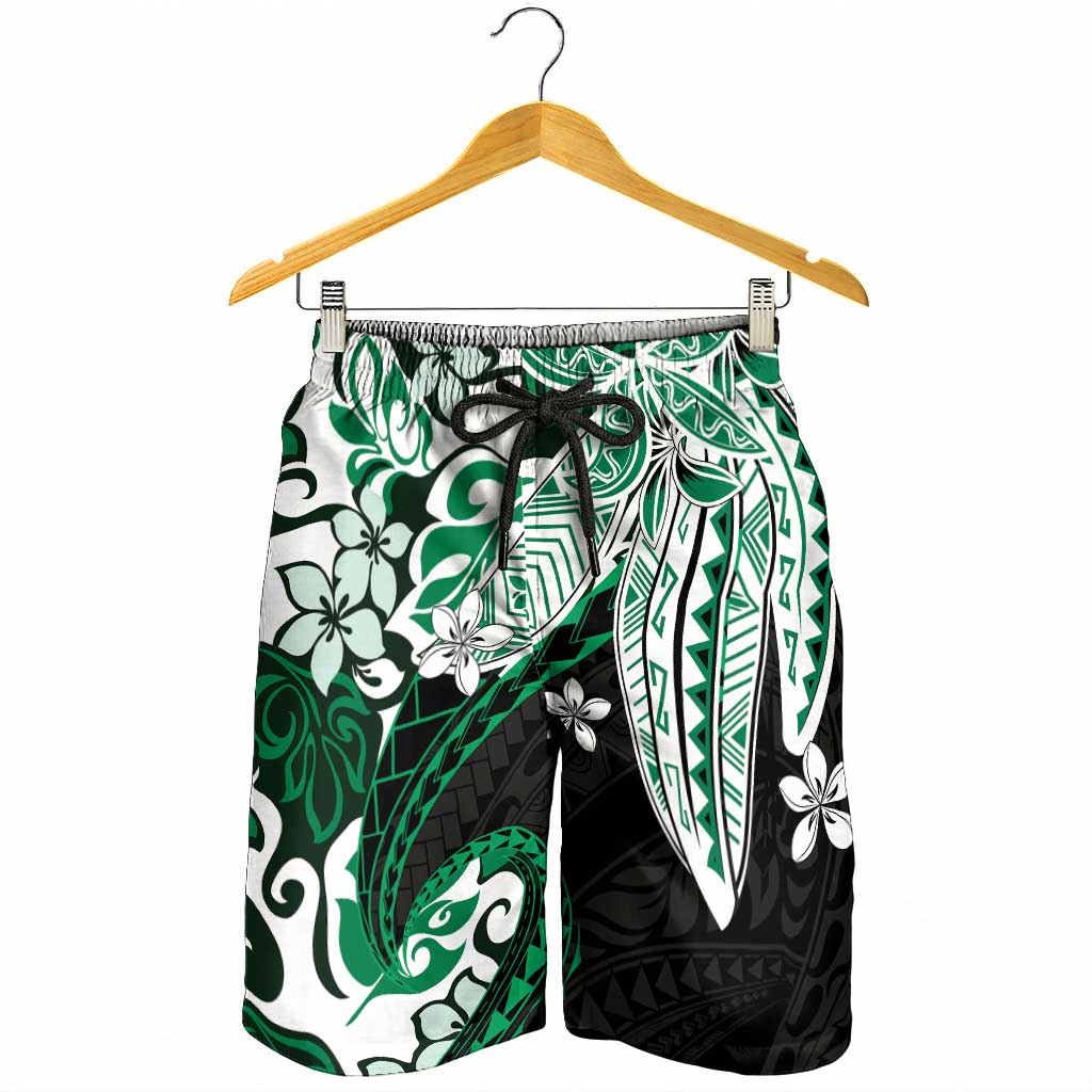 Monstera Plumeria Flowers Green Shorts for Men Polynesian Pattern