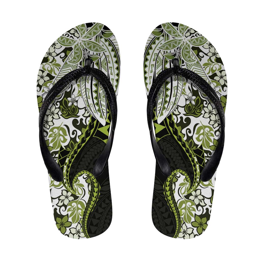 Monstera Plumeria Flowers Olive Green Flip Flops Polynesian Pattern