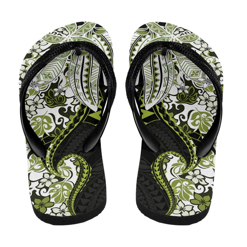 Monstera Plumeria Flowers Olive Green Flip Flops Polynesian Pattern
