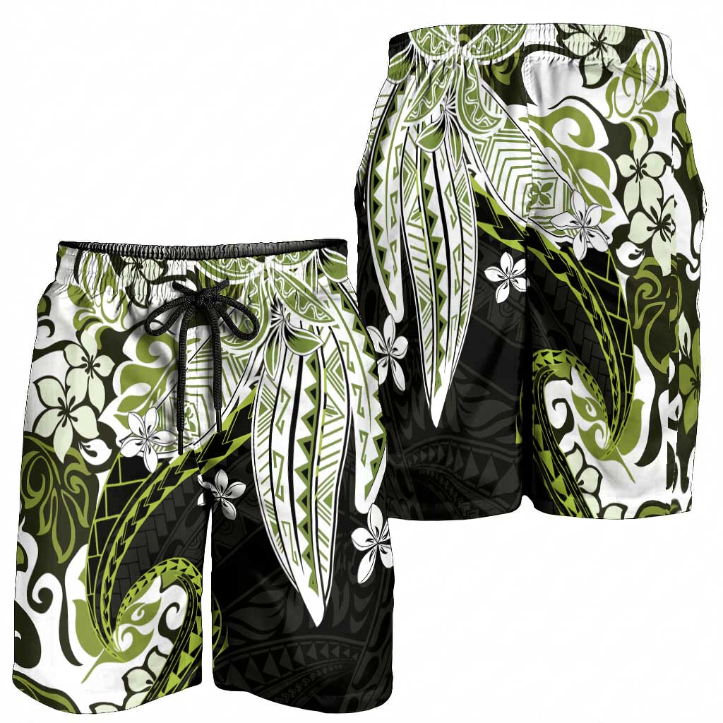 Monstera Plumeria Flowers Olive Green Shorts for Men Polynesian Pattern