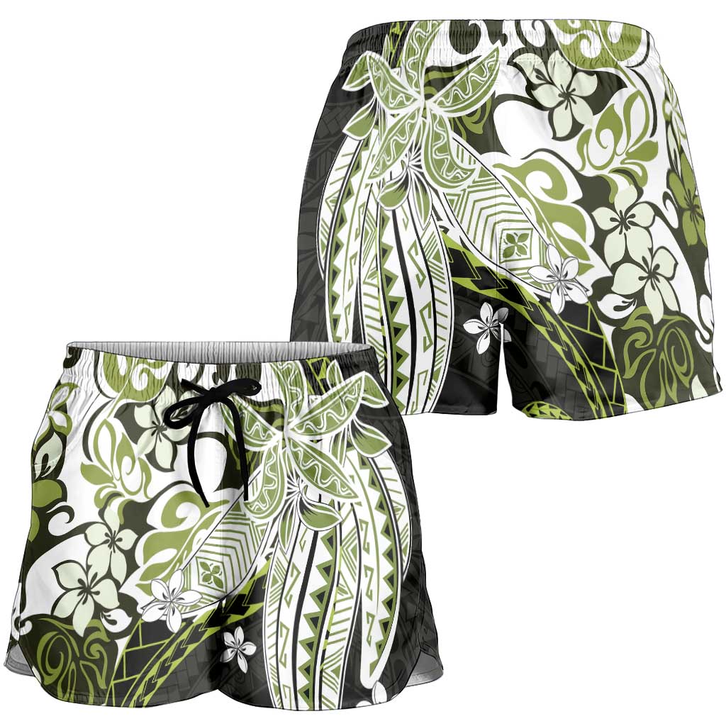 Monstera Plumeria Flowers Olive Green Shorts for Women Polynesian Pattern