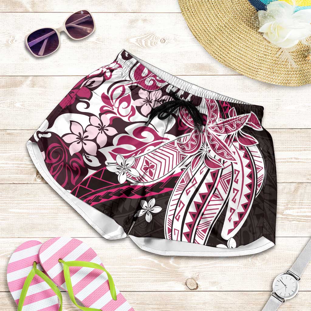 Monstera Plumeria Flowers Pink Shorts for Women Polynesian Pattern