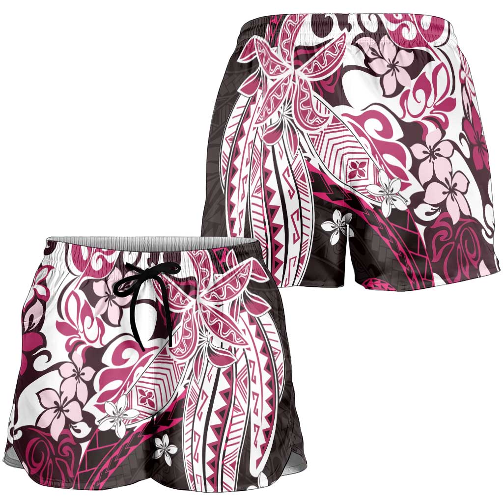Monstera Plumeria Flowers Pink Shorts for Women Polynesian Pattern