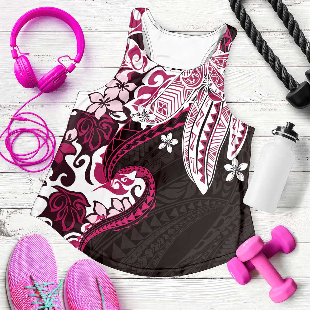Monstera Plumeria Flowers Pink Women Racerback Tank Polynesian Pattern