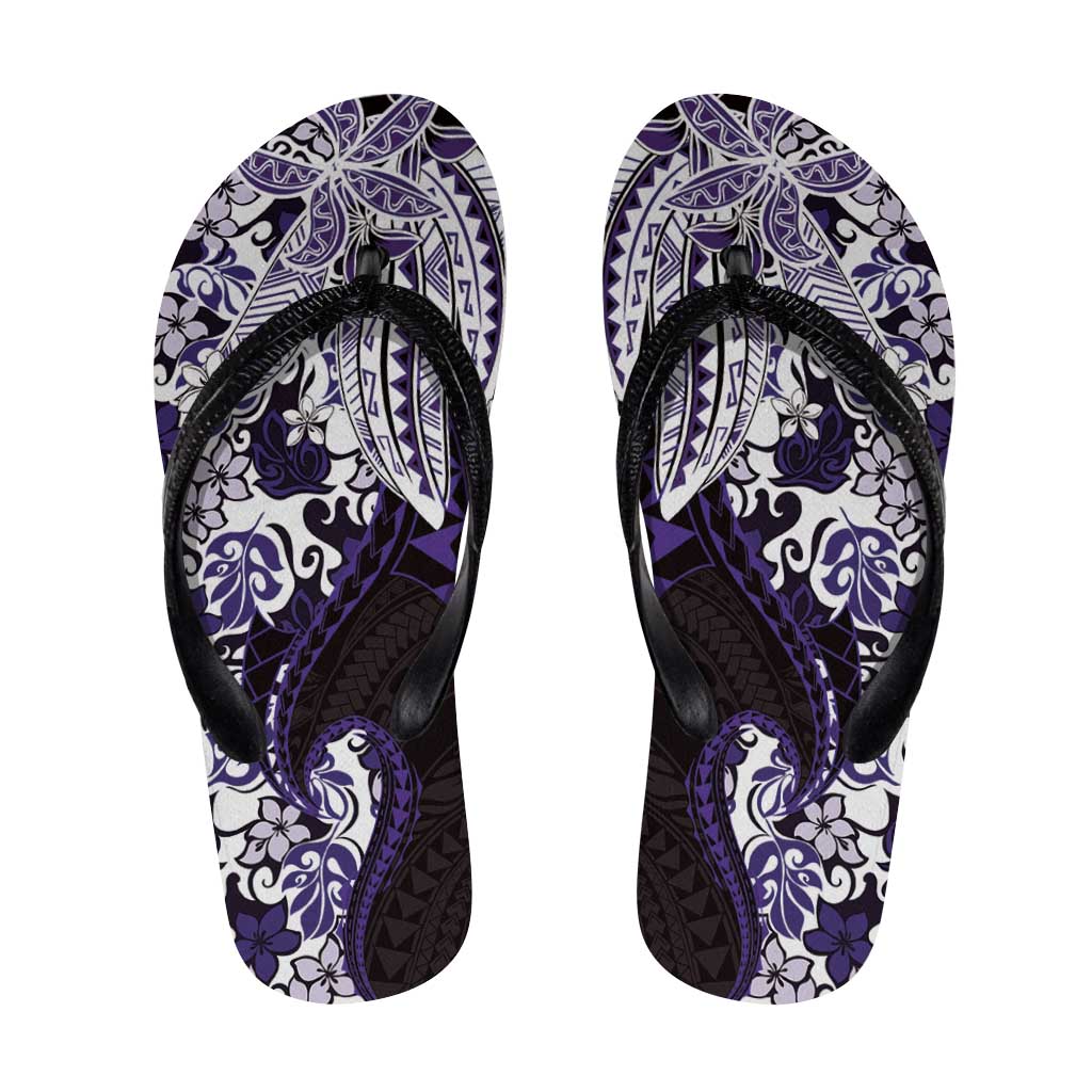 Monstera Plumeria Flowers Purple Flip Flops Polynesian Pattern