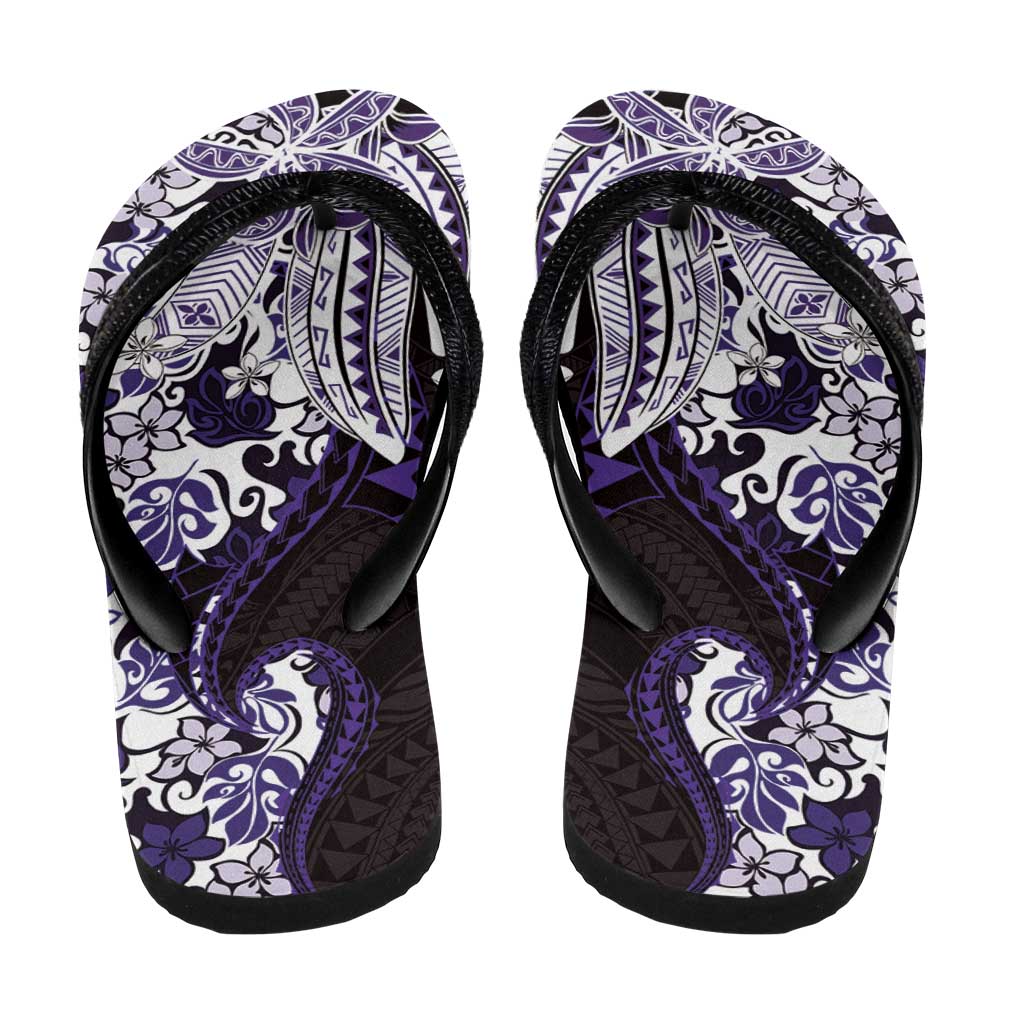 Monstera Plumeria Flowers Purple Flip Flops Polynesian Pattern