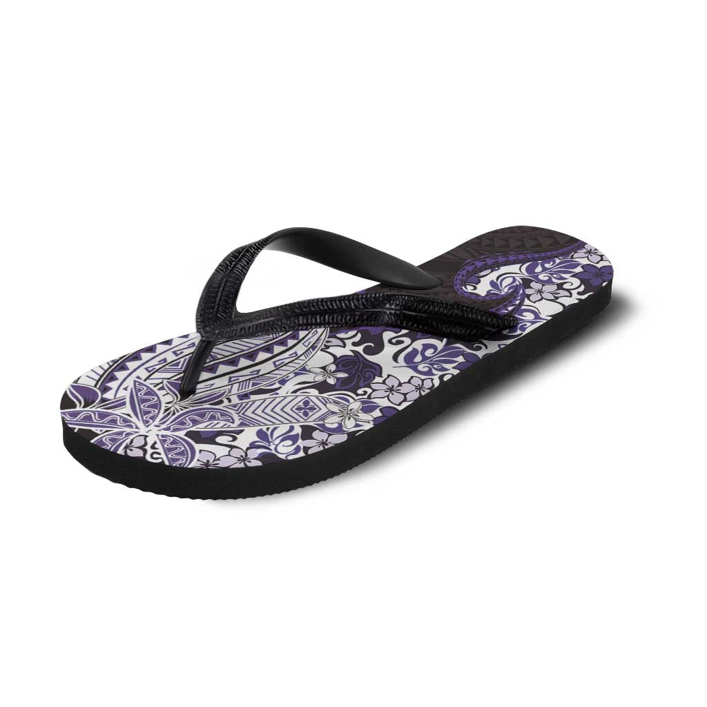 Monstera Plumeria Flowers Purple Flip Flops Polynesian Pattern