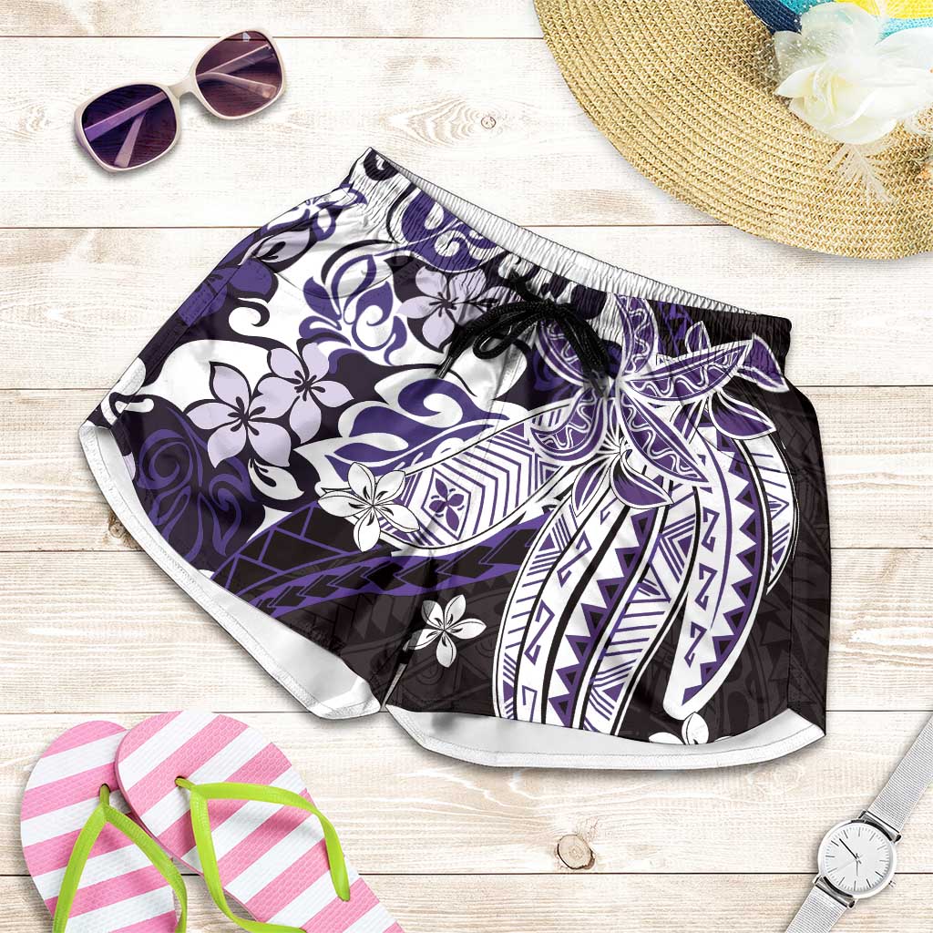 Monstera Plumeria Flowers Purple Shorts for Women Polynesian Pattern