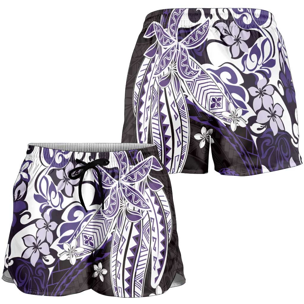 Monstera Plumeria Flowers Purple Shorts for Women Polynesian Pattern