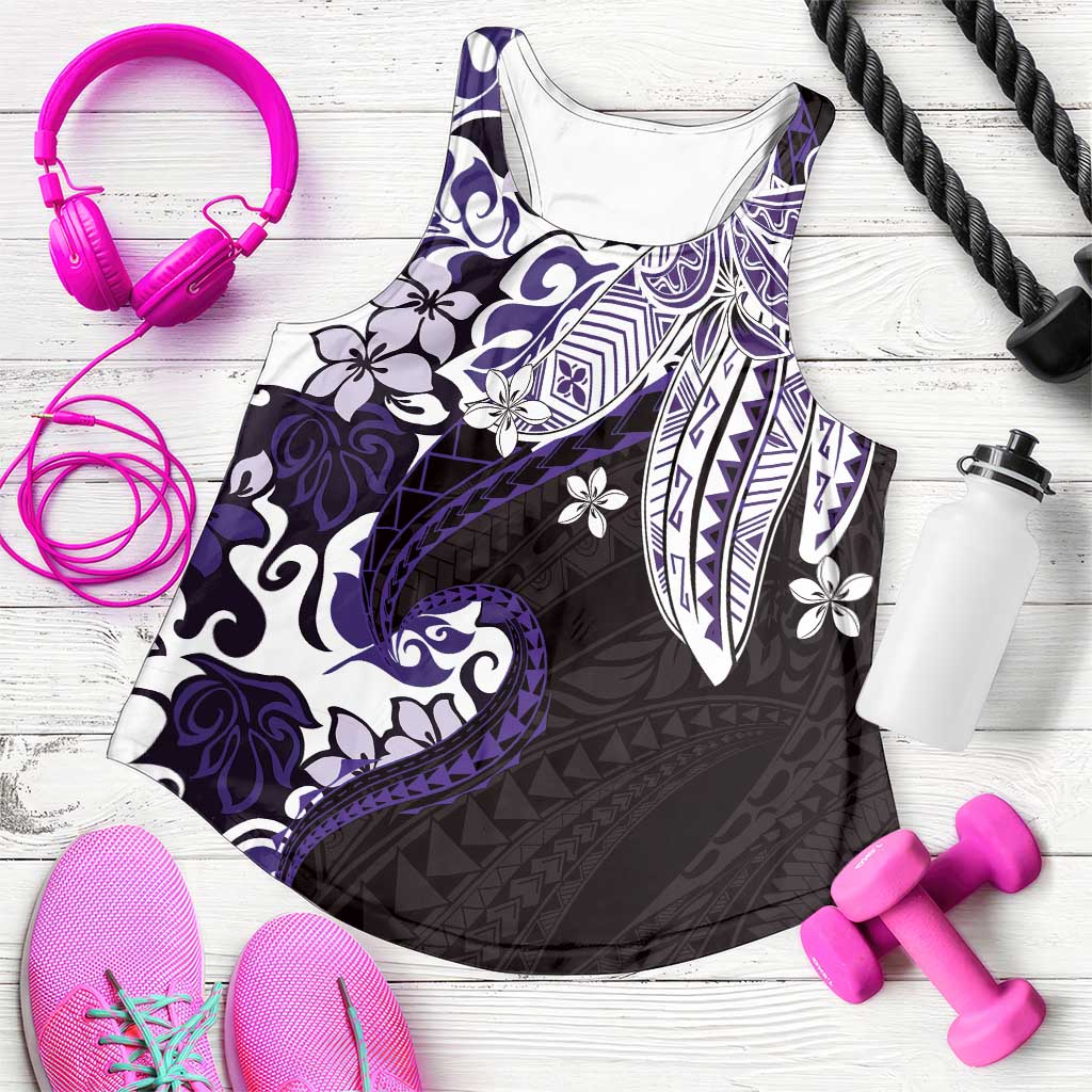 Monstera Plumeria Flowers Purple Women Racerback Tank Polynesian Pattern
