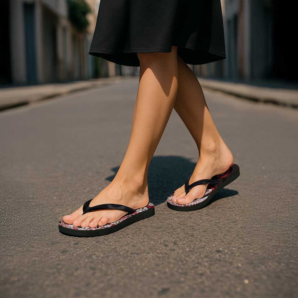 Monstera Plumeria Flowers Red Flip Flops Polynesian Pattern