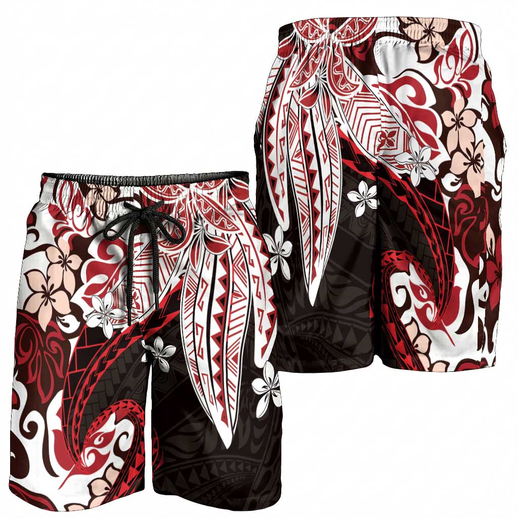 Monstera Plumeria Flowers Red Shorts for Men Polynesian Pattern