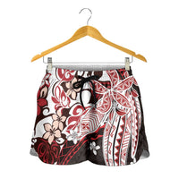 Monstera Plumeria Flowers Red Shorts for Women Polynesian Pattern