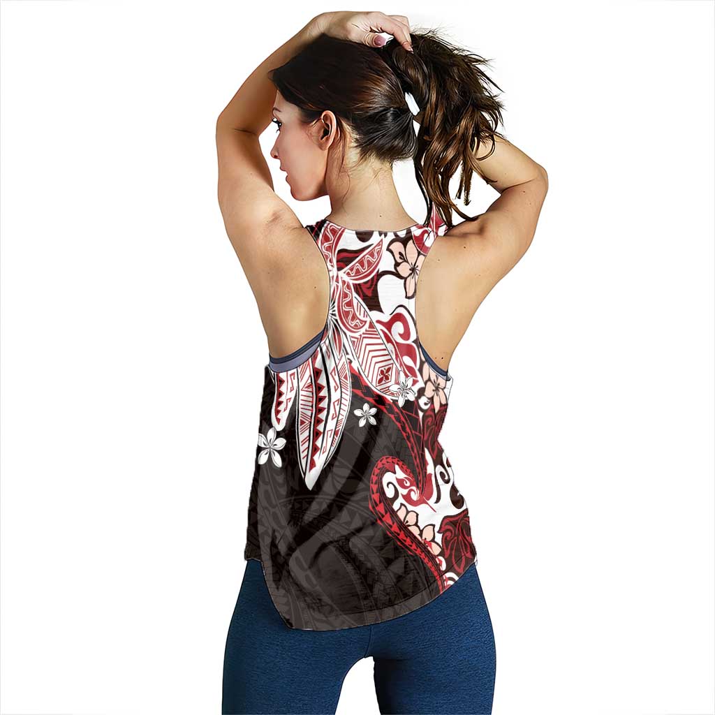 Monstera Plumeria Flowers Red Women Racerback Tank Polynesian Pattern