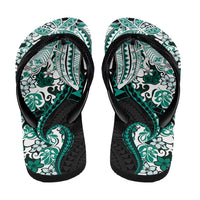 Monstera Plumeria Flowers Teal Flip Flops Polynesian Pattern