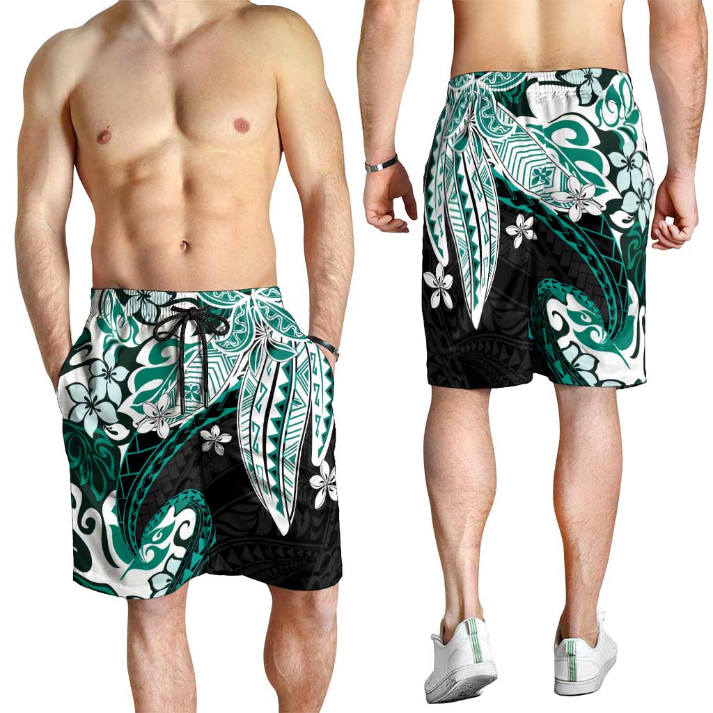Monstera Plumeria Flowers Teal Shorts for Men Polynesian Pattern