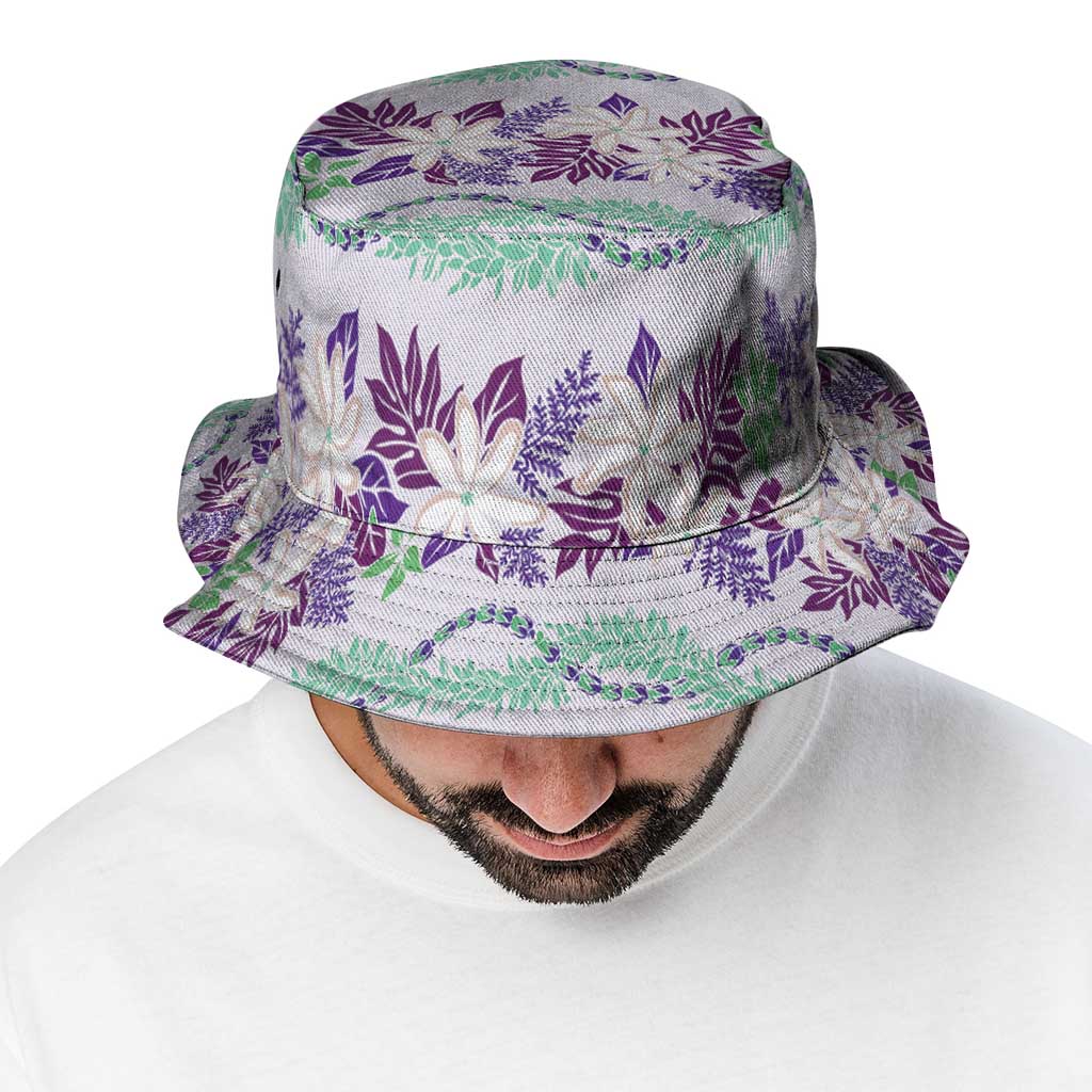 Monstera Tiare Plumeria Lei Pattern Bucket Hat Purple Version