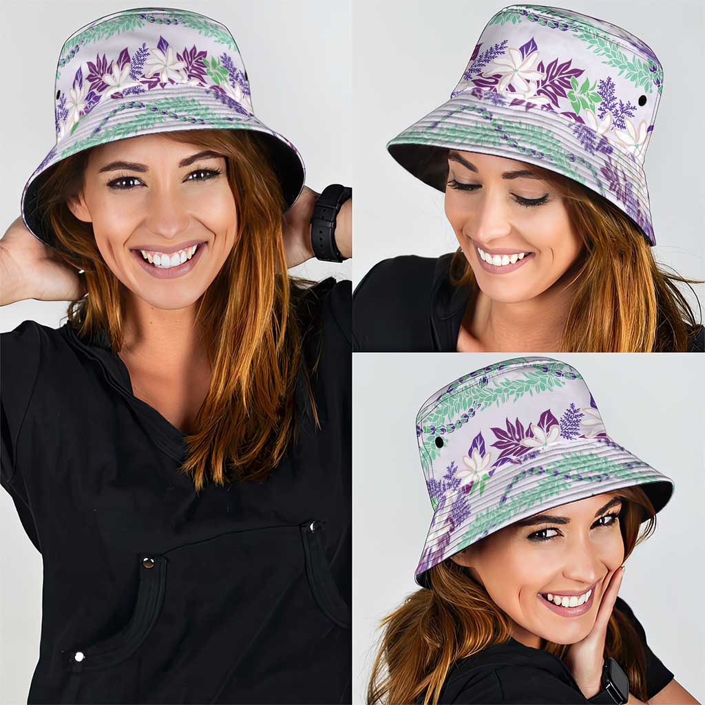 Monstera Tiare Plumeria Lei Pattern Bucket Hat Purple Version