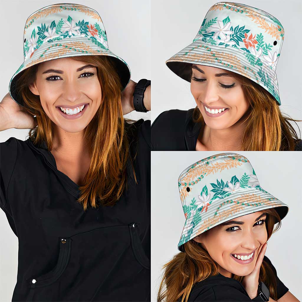Monstera Tiare Plumeria Lei Pattern Bucket Hat Teal Version