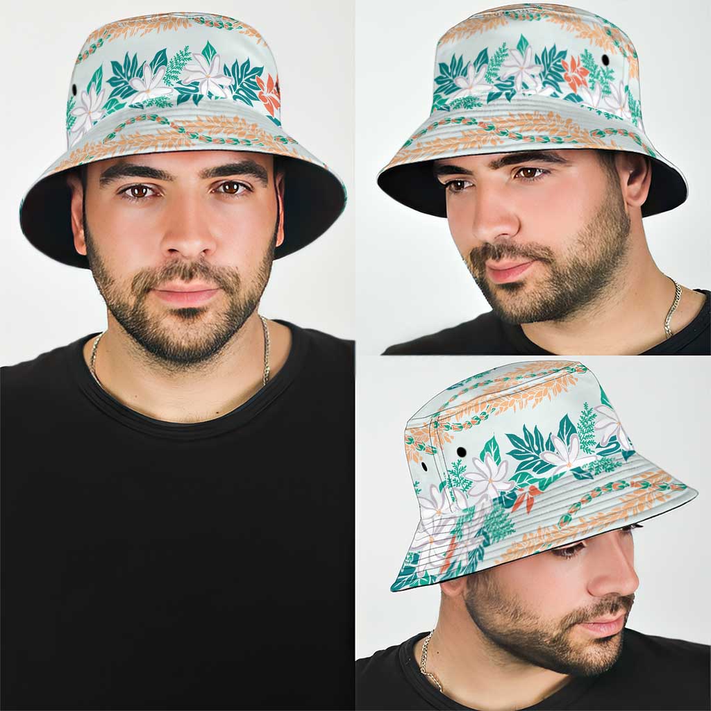 Monstera Tiare Plumeria Lei Pattern Bucket Hat Teal Version