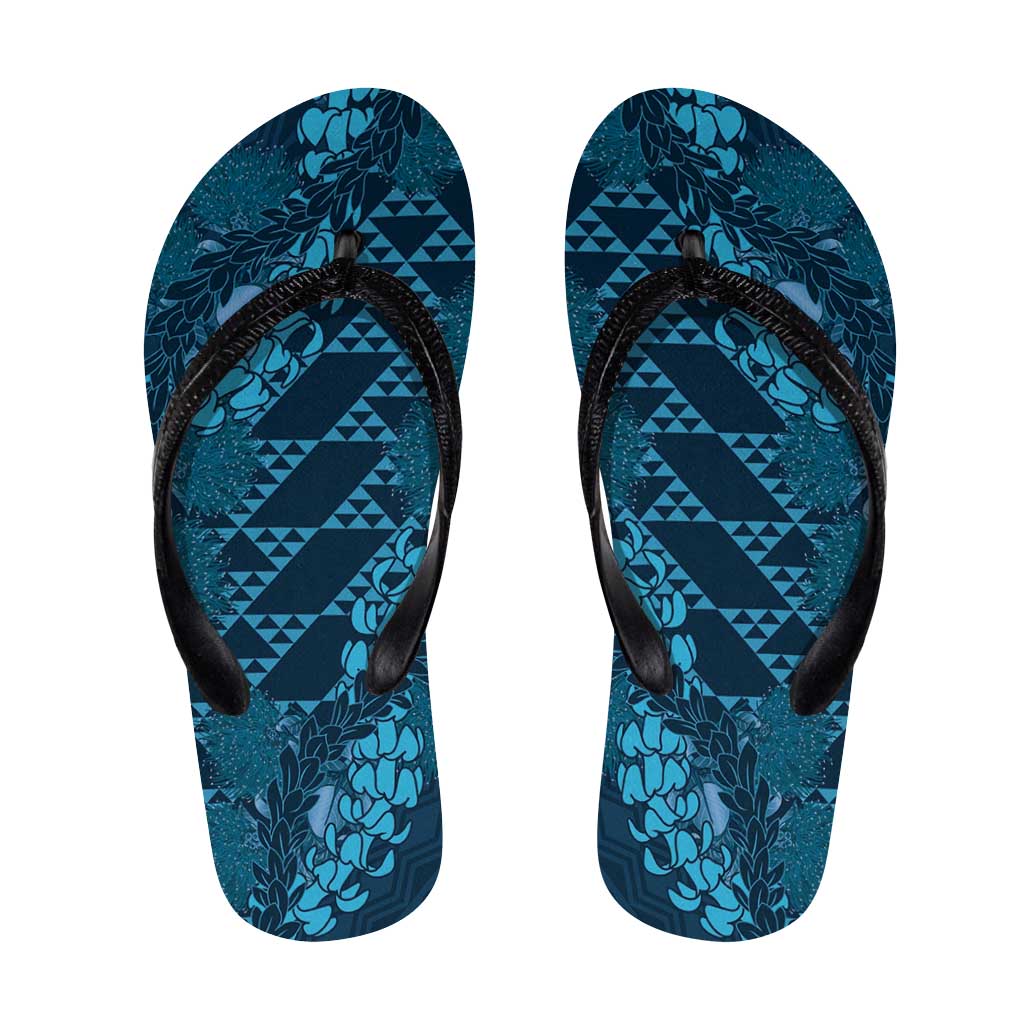 Naval Night Aloha Hawaii Flip Flops Hawaiian Kakau Ohia Lehua Lei LT14 Blue - Polynesian Pride
