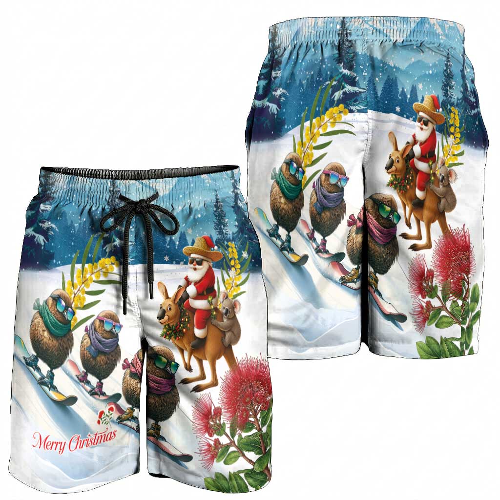 New Zealand and Australia Merry Christmas Shorts for Men Kiwi Birds Skiing and Koala Santa Riding Kangaroo LT03 - Polynesian Pride