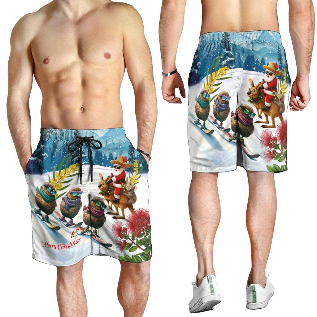 New Zealand and Australia Merry Christmas Shorts for Men Kiwi Birds Skiing and Koala Santa Riding Kangaroo LT03 - Polynesian Pride