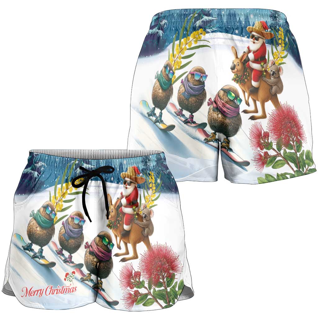 New Zealand and Australia Merry Christmas Shorts for Women Kiwi Birds Skiing and Koala Santa Riding Kangaroo LT03 - Polynesian Pride
