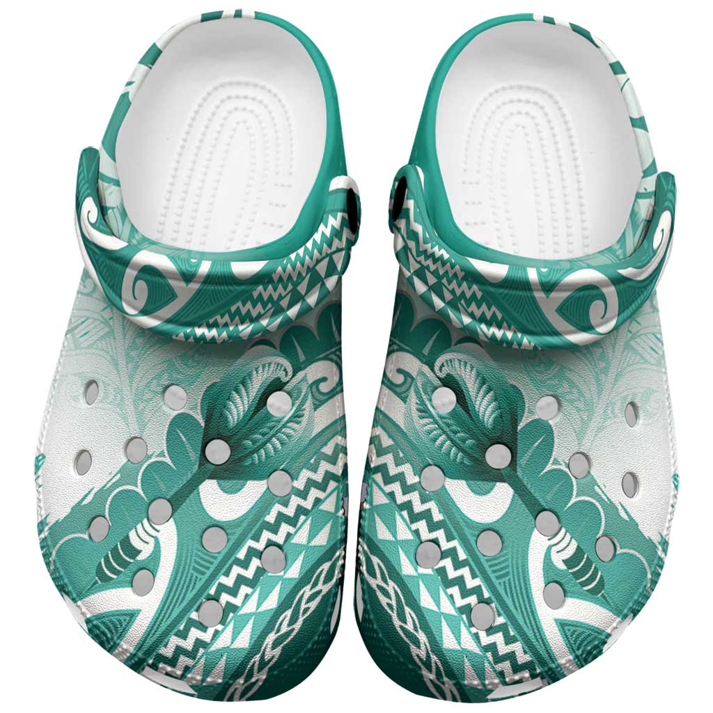 New Zealand Aotearoa Darts Masters Clogs Shoes Maori Art Tattoo with Tribal Dart Symbol Teal Color LT03 Teal - Polynesian Pride