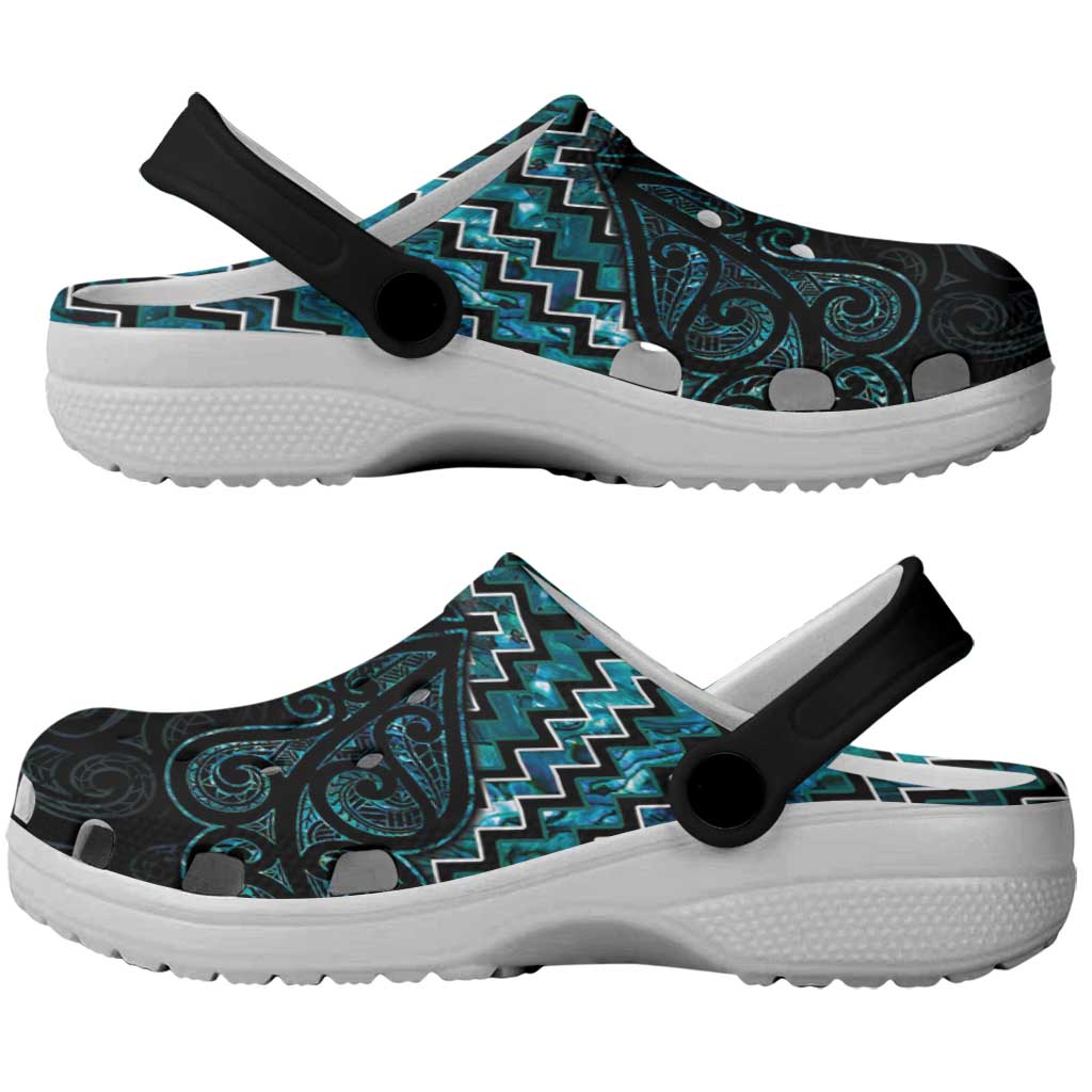 New Zealand Maori Clogs Shoes Poutama Manaia Turquoise Paua Shell LT05 - Polynesian Pride