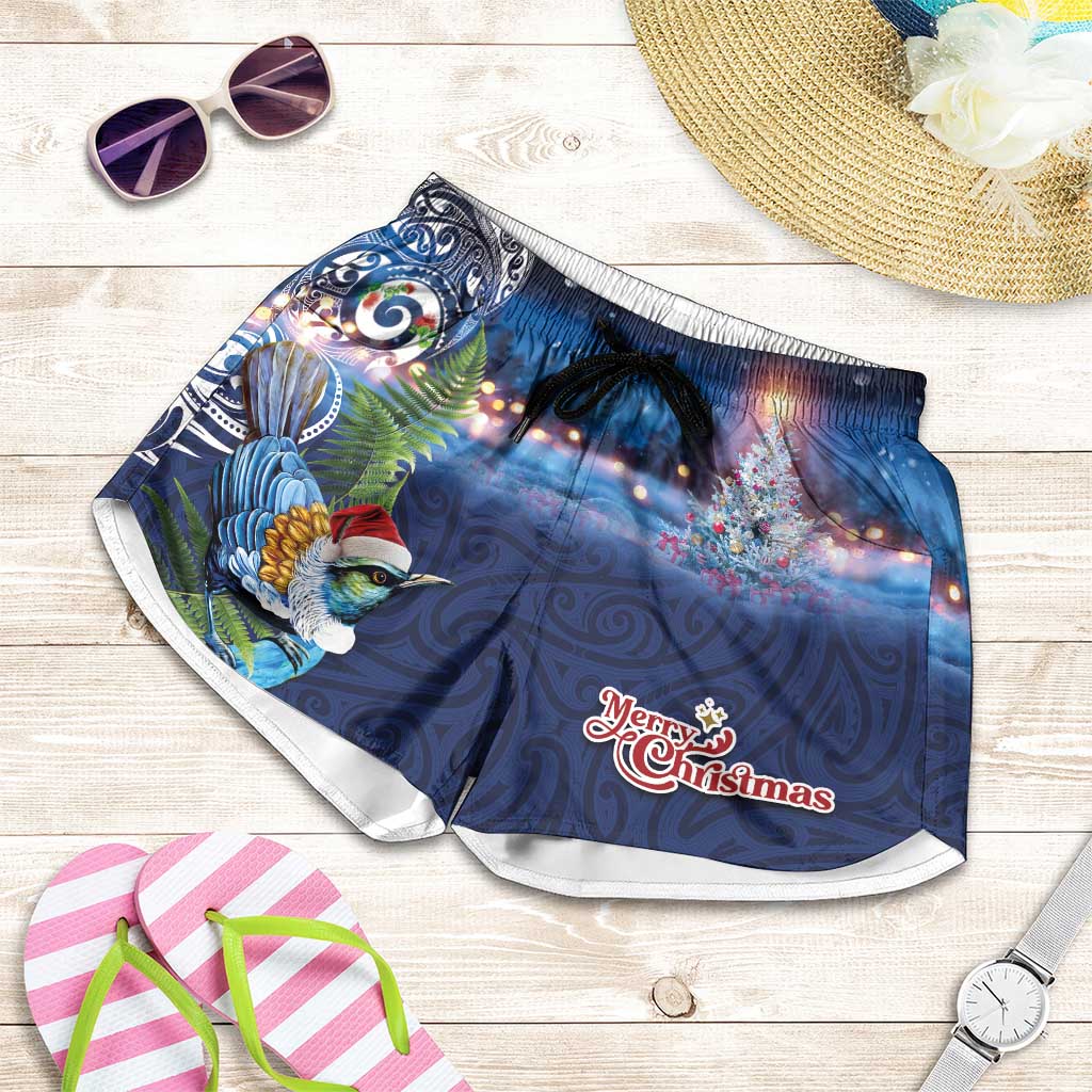 New Zealand Merry Christmas Shorts for Women Maori Tribal Pattern with Xmas Tui Bird
