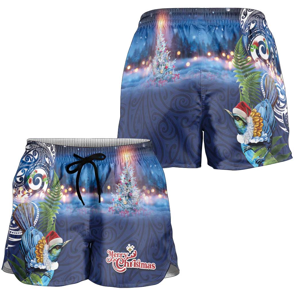 New Zealand Merry Christmas Shorts for Women Maori Tribal Pattern with Xmas Tui Bird