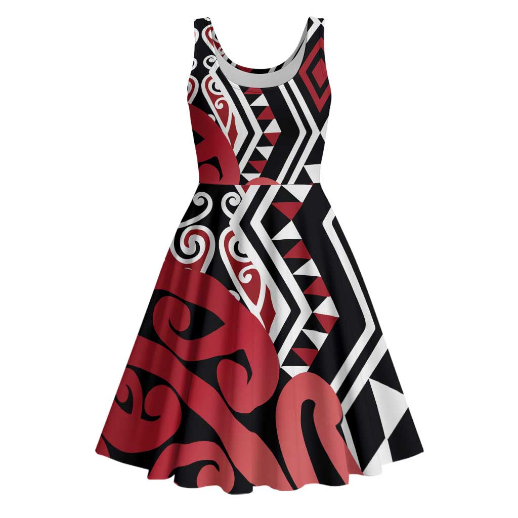 New Zealand Midi Dress Aotearoa Kowhaiwhai Mix Taniko Art - Red