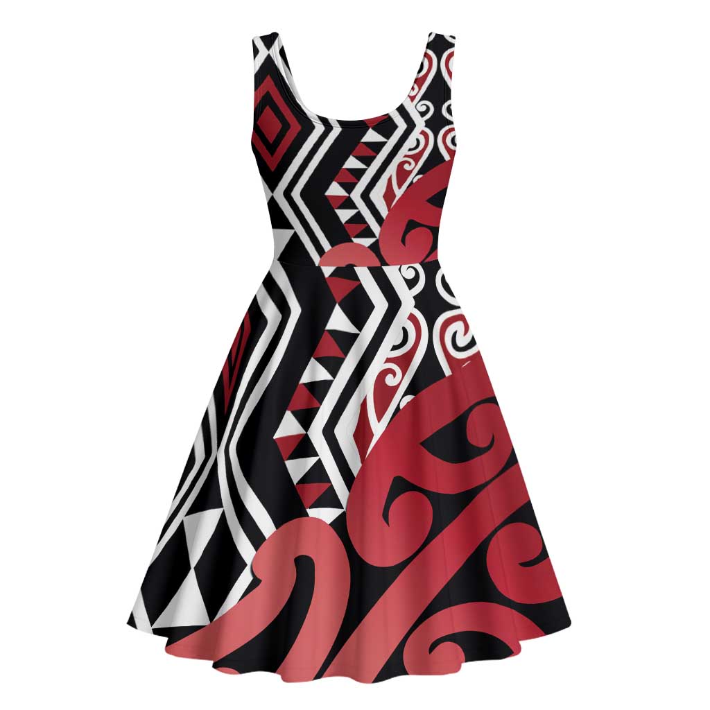 New Zealand Midi Dress Aotearoa Kowhaiwhai Mix Taniko Art - Red