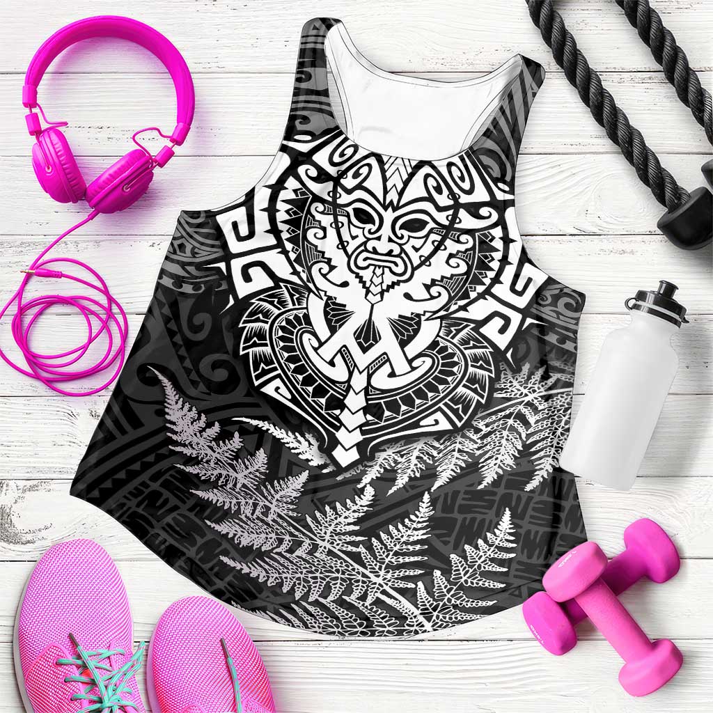 New Zealand Rugby All White Women Racerback Tank Silver Fern All Black Mix Ta Moko LT9 White - Polynesian Pride