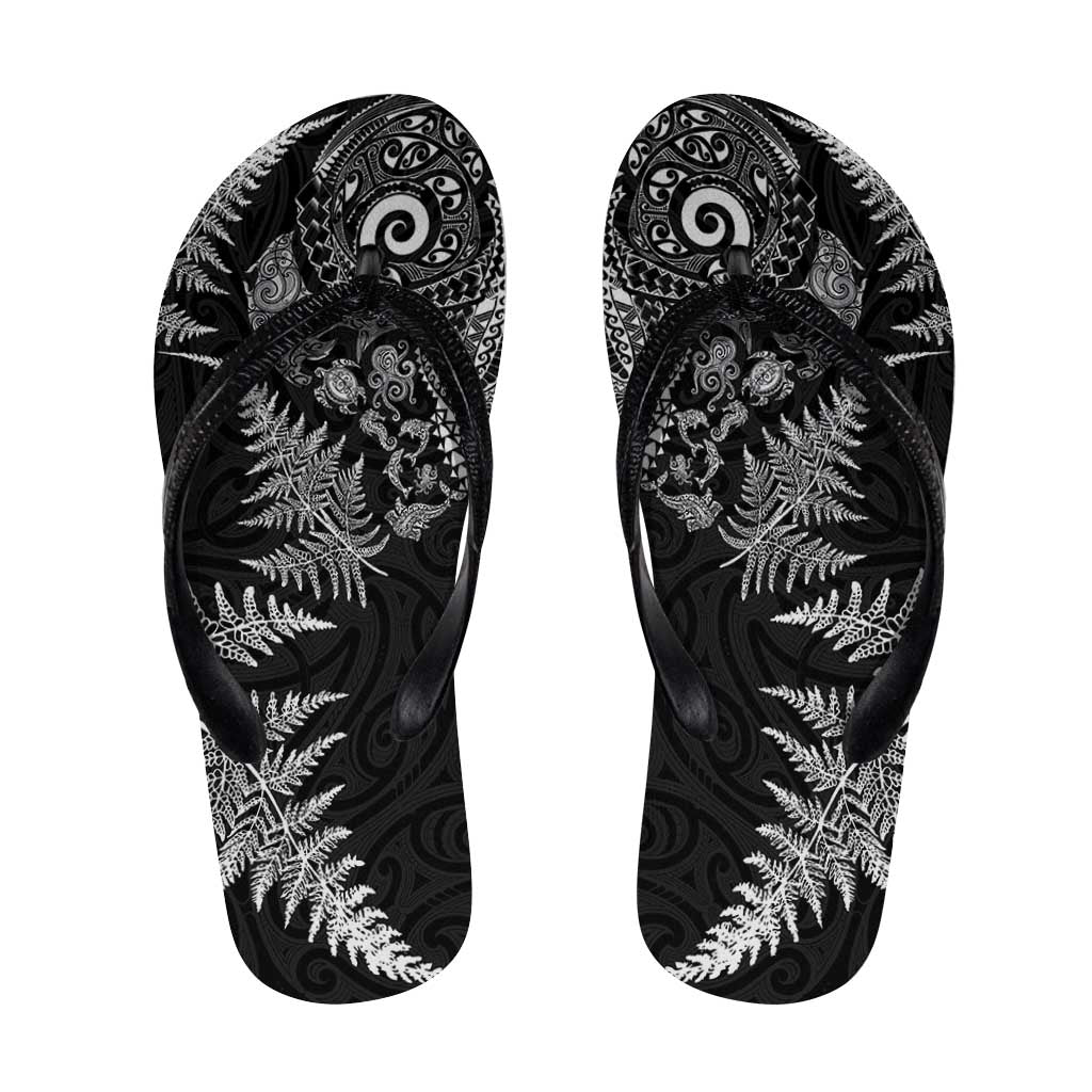 New Zealand Sea Animals Flip Flops with Maori Koru Tribal Tattoo and Silver Ferns Black Color LT03 Black - Polynesian Pride
