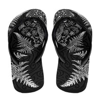 New Zealand Sea Animals Flip Flops with Maori Koru Tribal Tattoo and Silver Ferns Black Color LT03 - Polynesian Pride