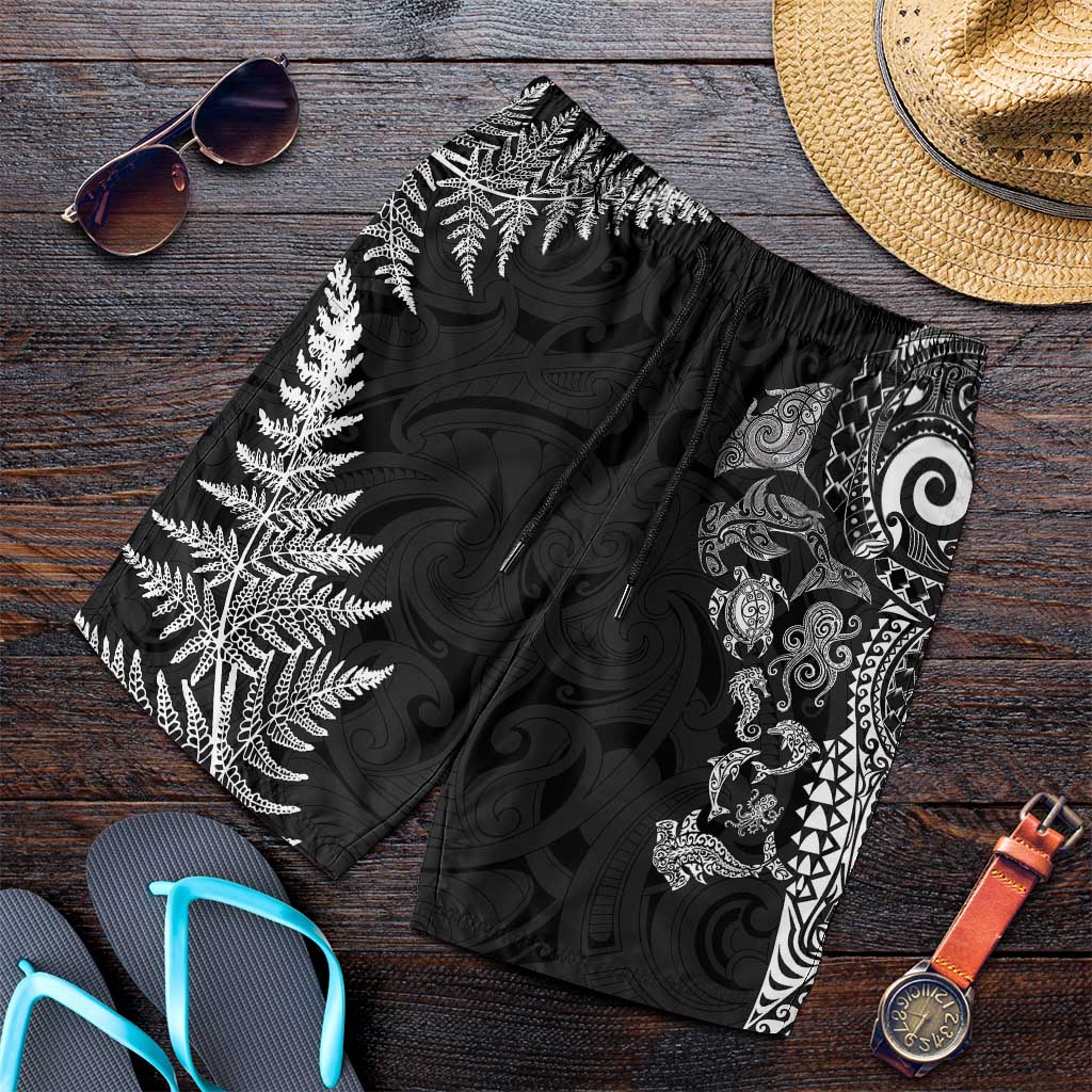 New Zealand Sea Animals Shorts for Men with Maori Koru Tribal Tattoo and Silver Ferns Black Color