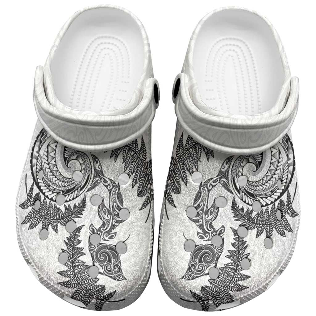 New Zealand Sea Animals with Maori Tribal Tattoo Clogs Shoes Shark Manta Ray with Silver Fern White LT03 White - Polynesian Pride