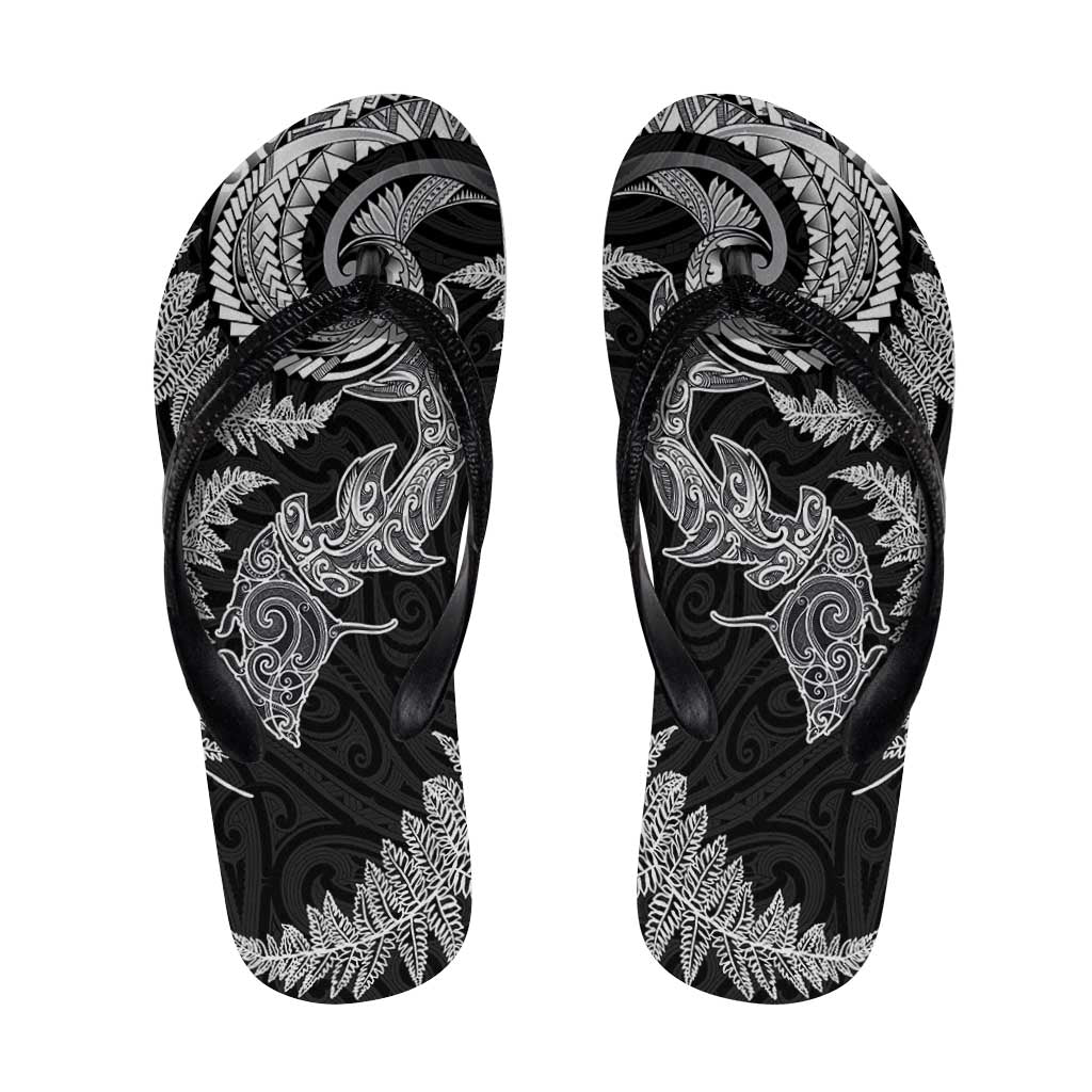 New Zealand Sea Animals with Maori Tribal Tattoo Flip Flops Shark Manta Ray with Silver Fern Black LT03 Black - Polynesian Pride