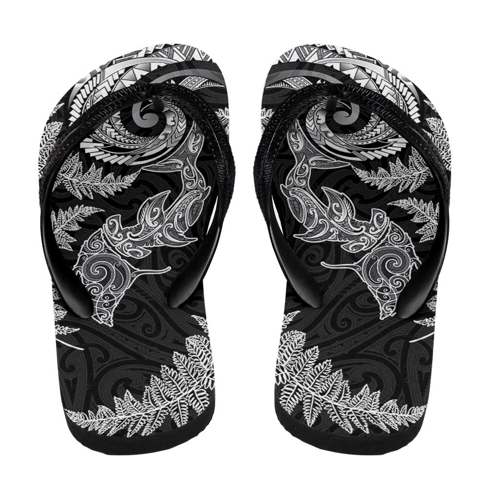 New Zealand Sea Animals with Maori Tribal Tattoo Flip Flops Shark Manta Ray with Silver Fern Black LT03 - Polynesian Pride