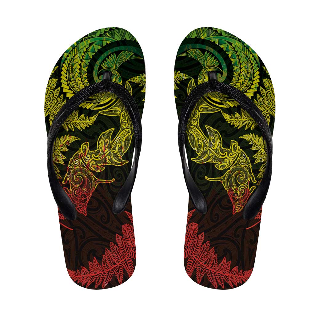 New Zealand Sea Animals with Maori Tribal Tattoo Flip Flops Shark Manta Ray with Silver Fern Reggae LT03 Reggae - Polynesian Pride