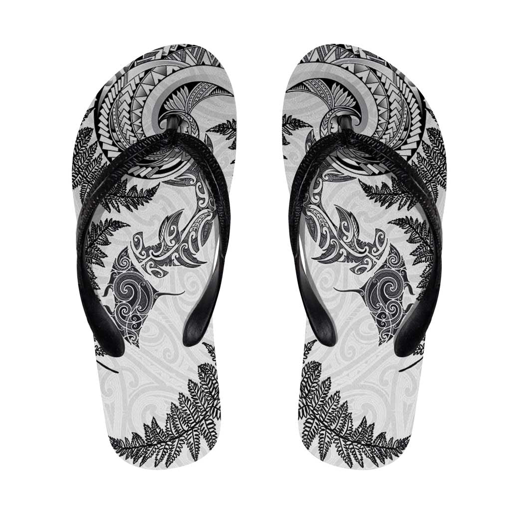 New Zealand Sea Animals with Maori Tribal Tattoo Flip Flops Shark Manta Ray with Silver Fern White LT03 White - Polynesian Pride